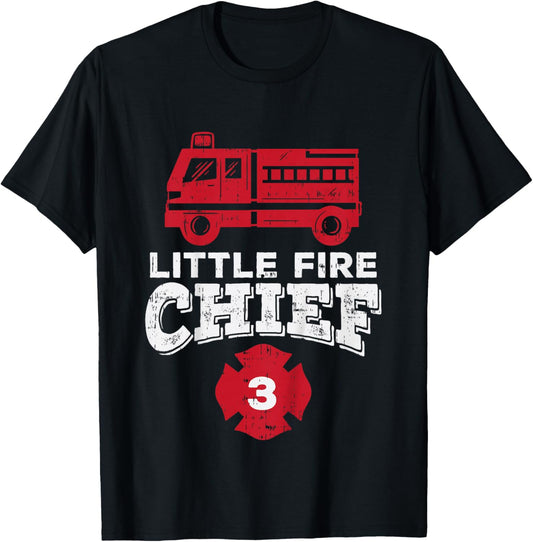 Kids Little Fire Chief 3 Truck 3rd Birthday Firefighter Boys Gift T-Shirt - T-Shirt | Black