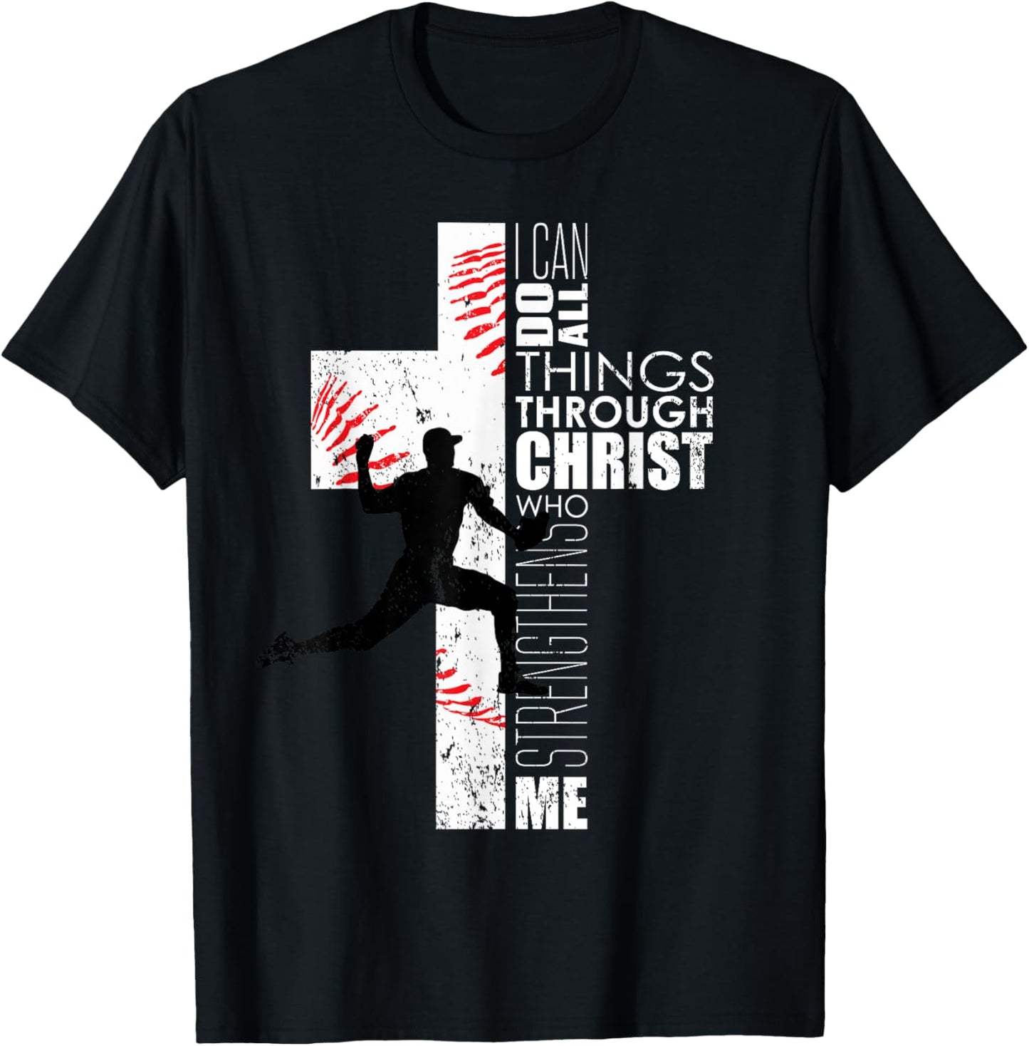 Christian Bible Verse Cross Men Boys Baseball Pitcher T-Shirt - T-Shirt | Black
