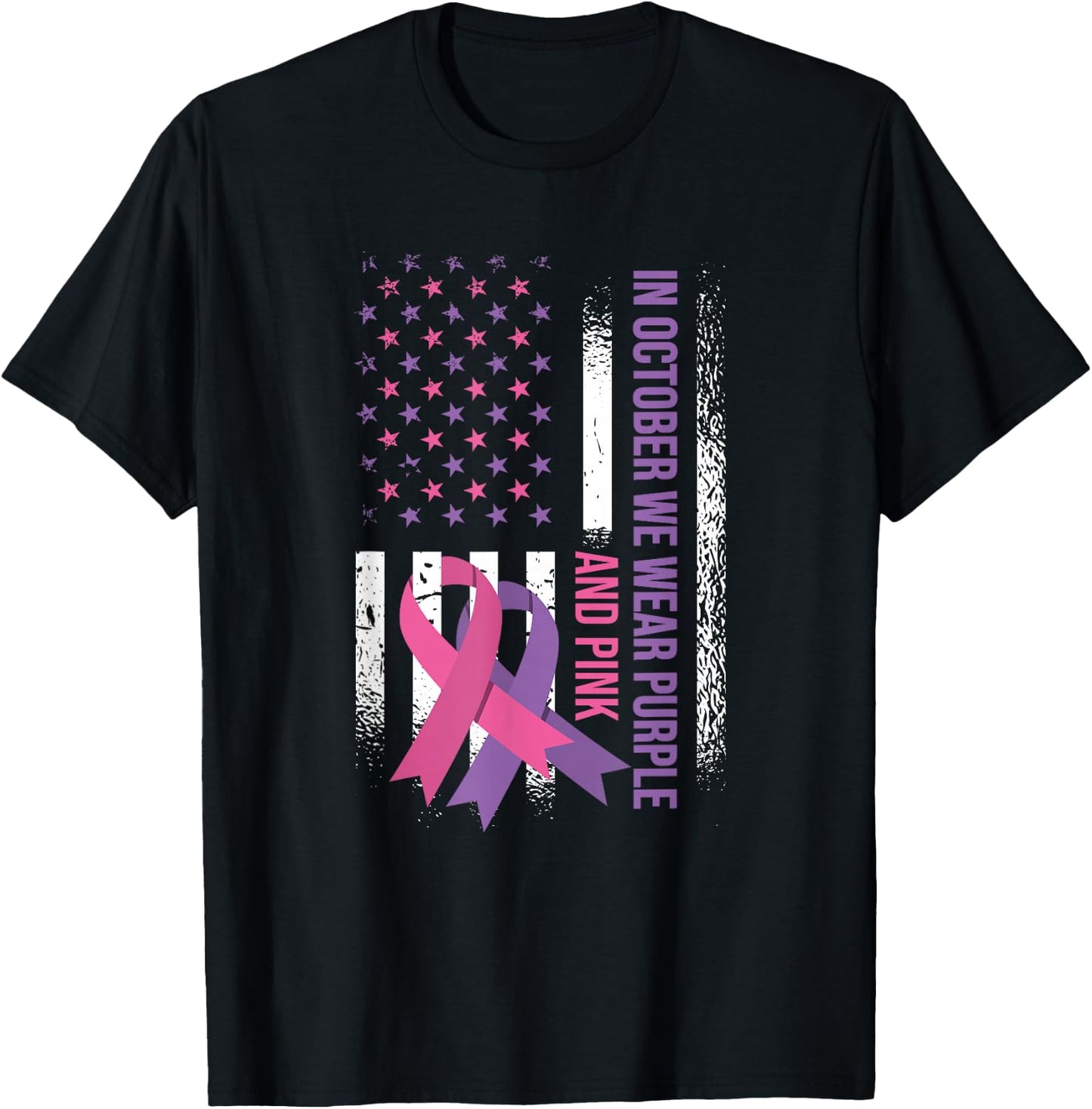 American Flag Breast Cancer and Domestic Violence Awareness T-Shirt - T-Shirt | Black