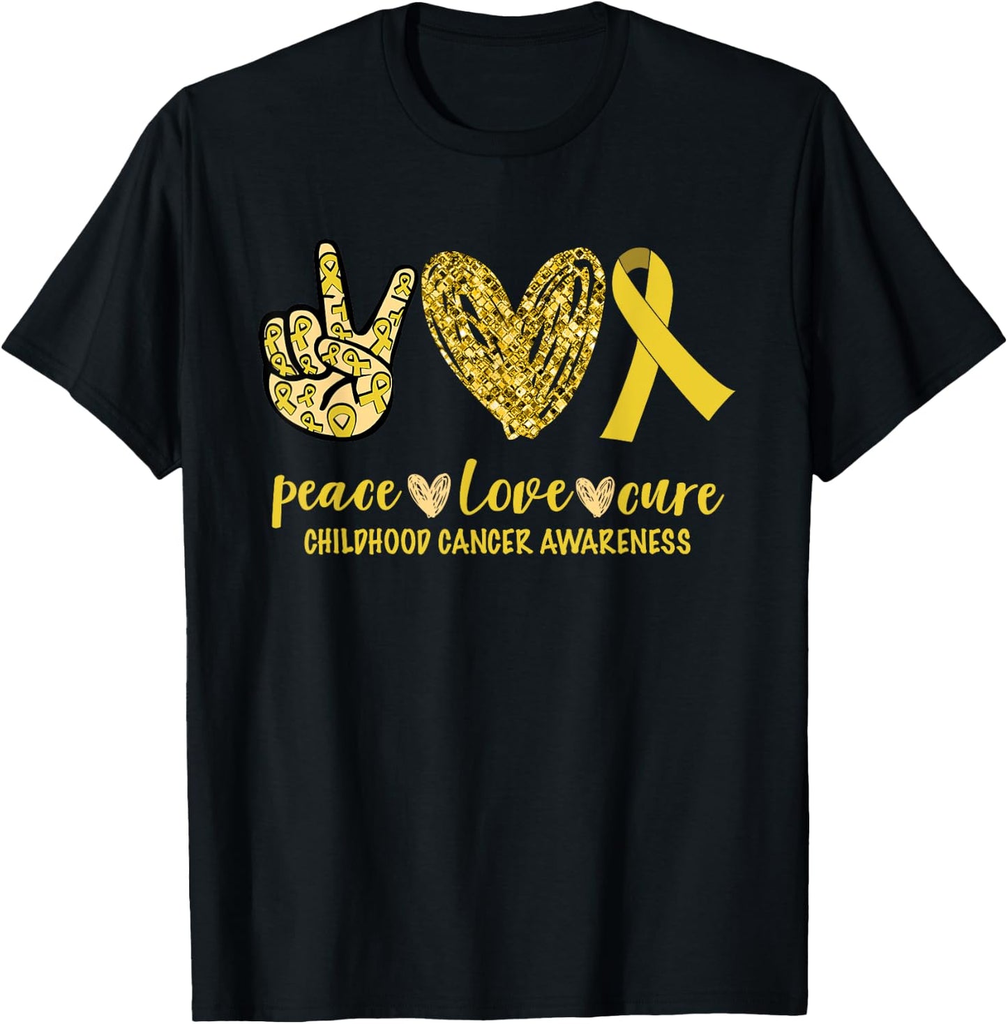 Peace Love Cure Ribbon Childhood Cancer Awareness T-Shirt - T-Shirt | Black