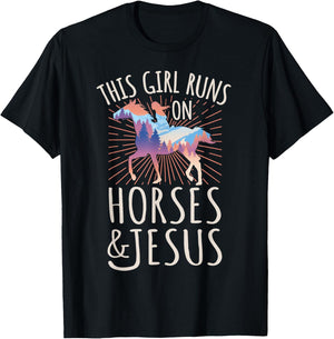 Horse Rider - This Girl Runs On Horses And Jesus T-Shirt - T-Shirt | Black