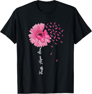 Faith Hope Love Pink Ribbon Daisy Flower Butterfly T-Shirt - T-Shirt | Black