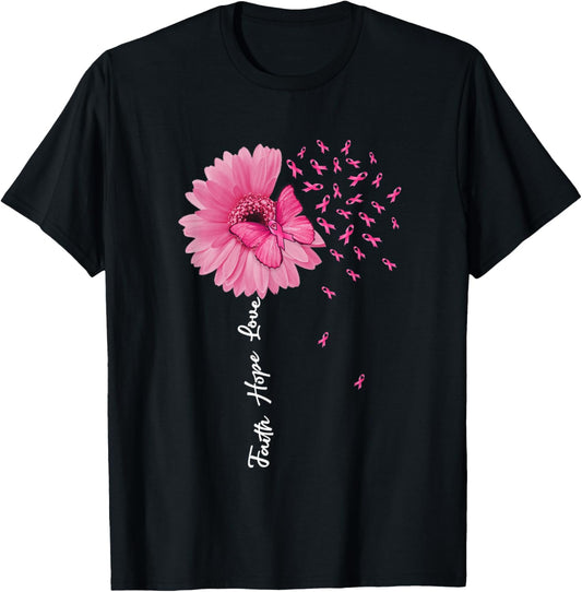 Faith Hope Love Pink Ribbon Daisy Flower Butterfly T-Shirt - T-Shirt | Black