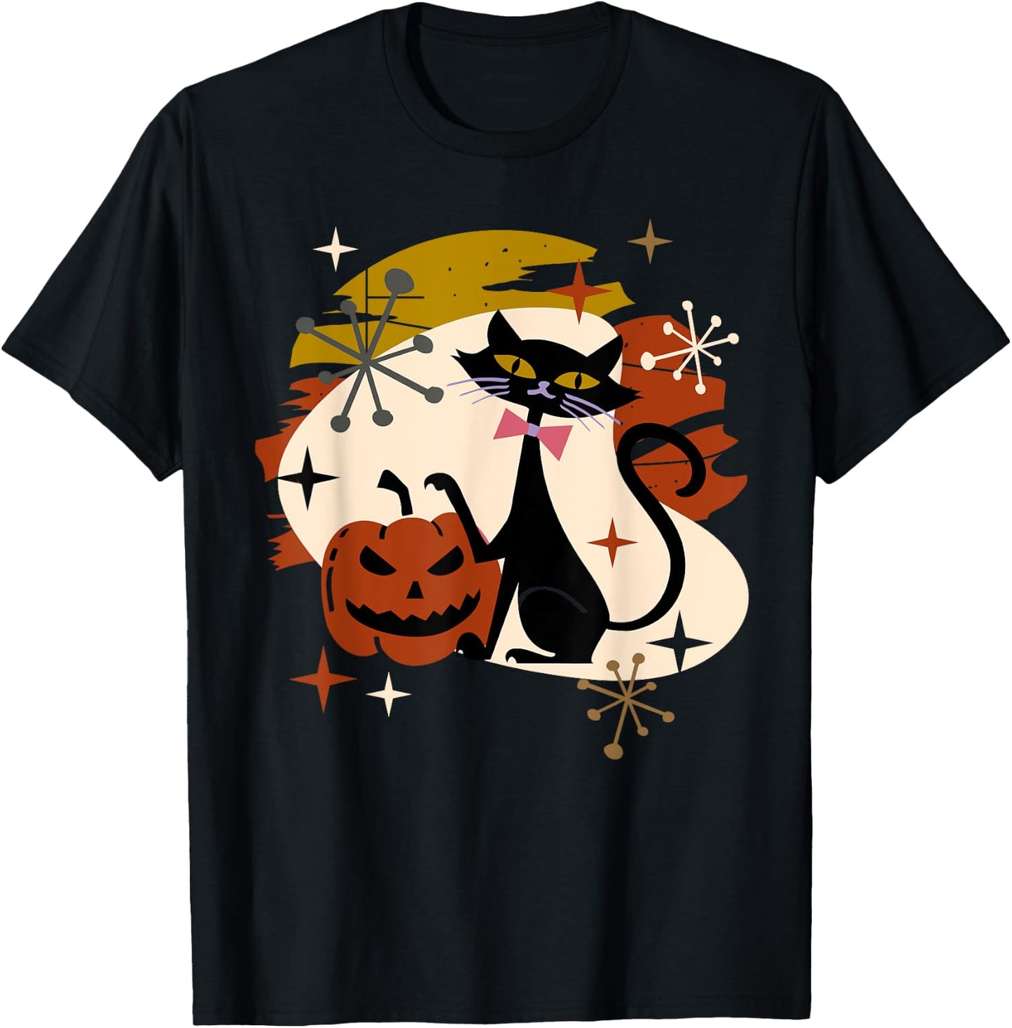 Black Cat and Pumpkin Atomic Retro Halloween T-Shirt - T-Shirt | Black