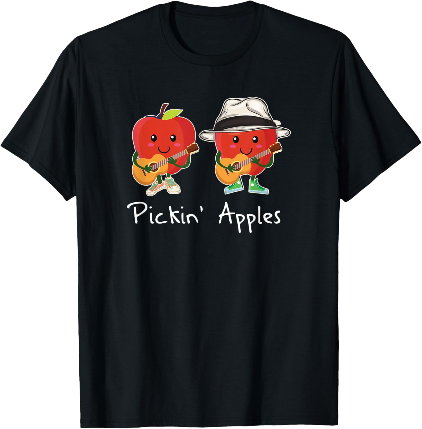 Funny Cartoon Apples Pickin' Guitar Cute Apple Picking T-Shirt - T-Shirt | Black