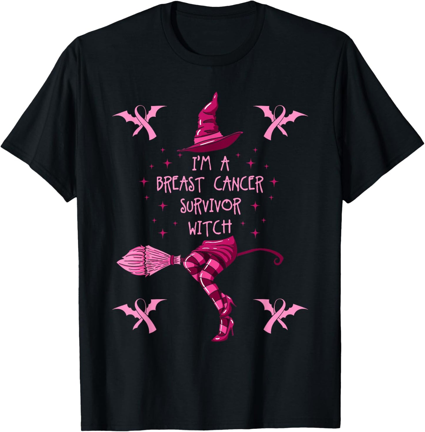Breast Cancer Halloween Party Witch Pink Ribbon Survivor T-Shirt - T-Shirt | Black