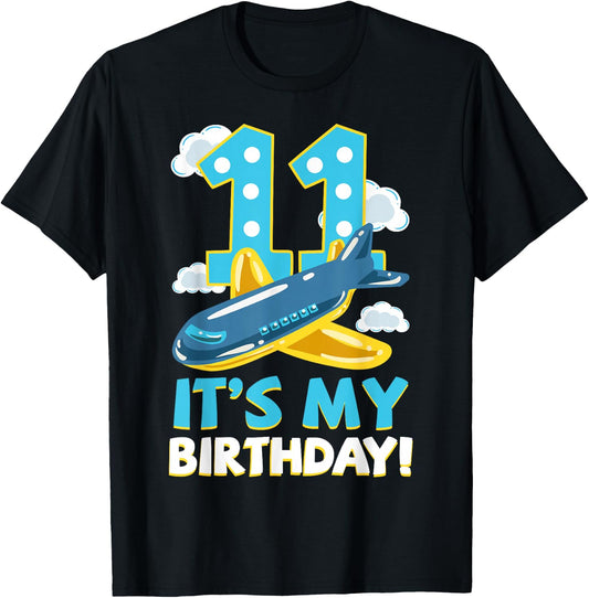 Pilot 11th Birthday Party Aviator Airplane Flight Officer T-Shirt - T-Shirt | Black