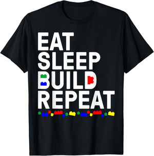 Funny Eat Sleep Build Gift Men Women Cool Blocks Building T-Shirt - T-Shirt | Black