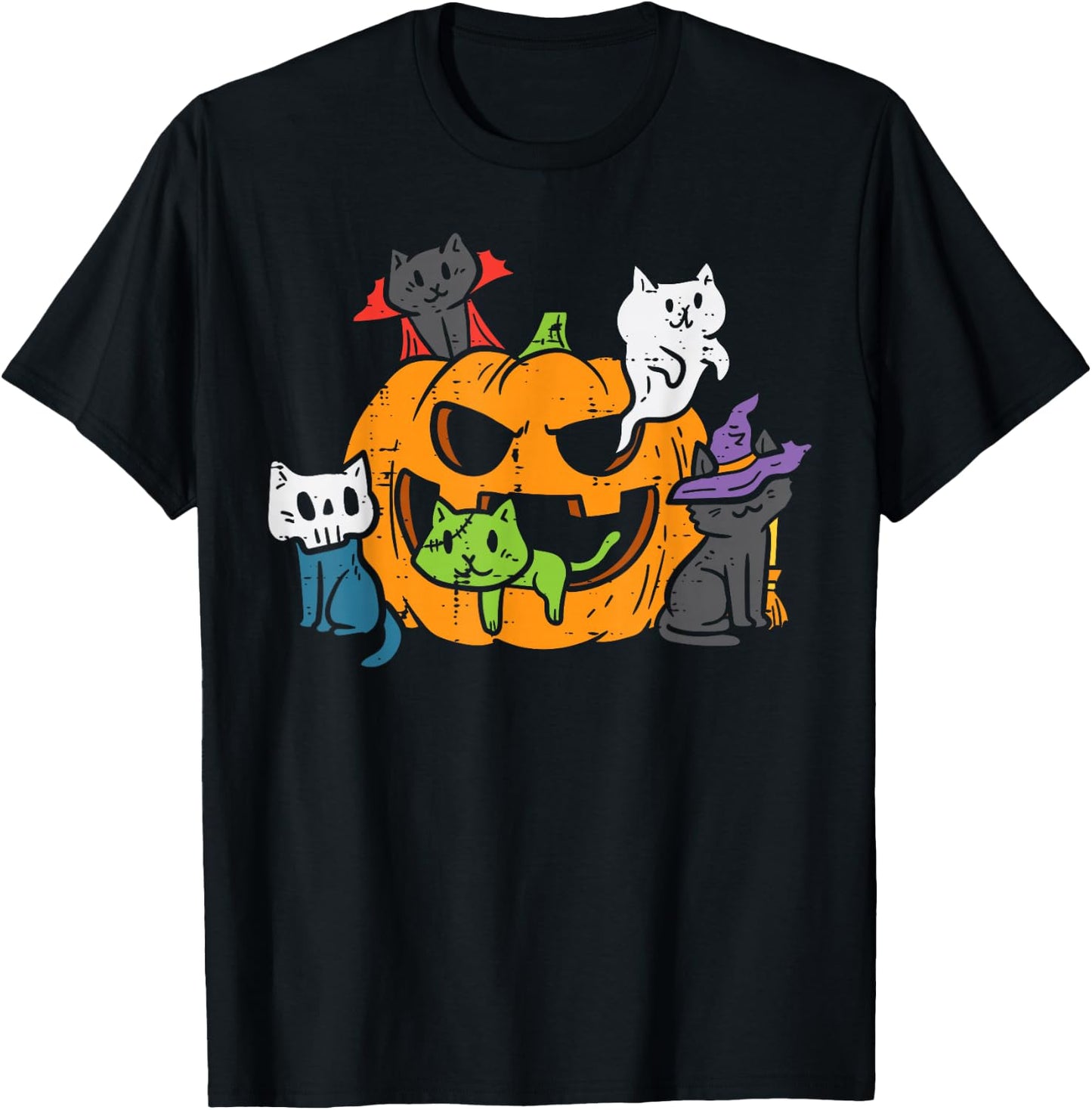 Vampire Ghost Zombie Witch Cats In Pumpkin Cute Halloween T-Shirt - T-Shirt | Black
