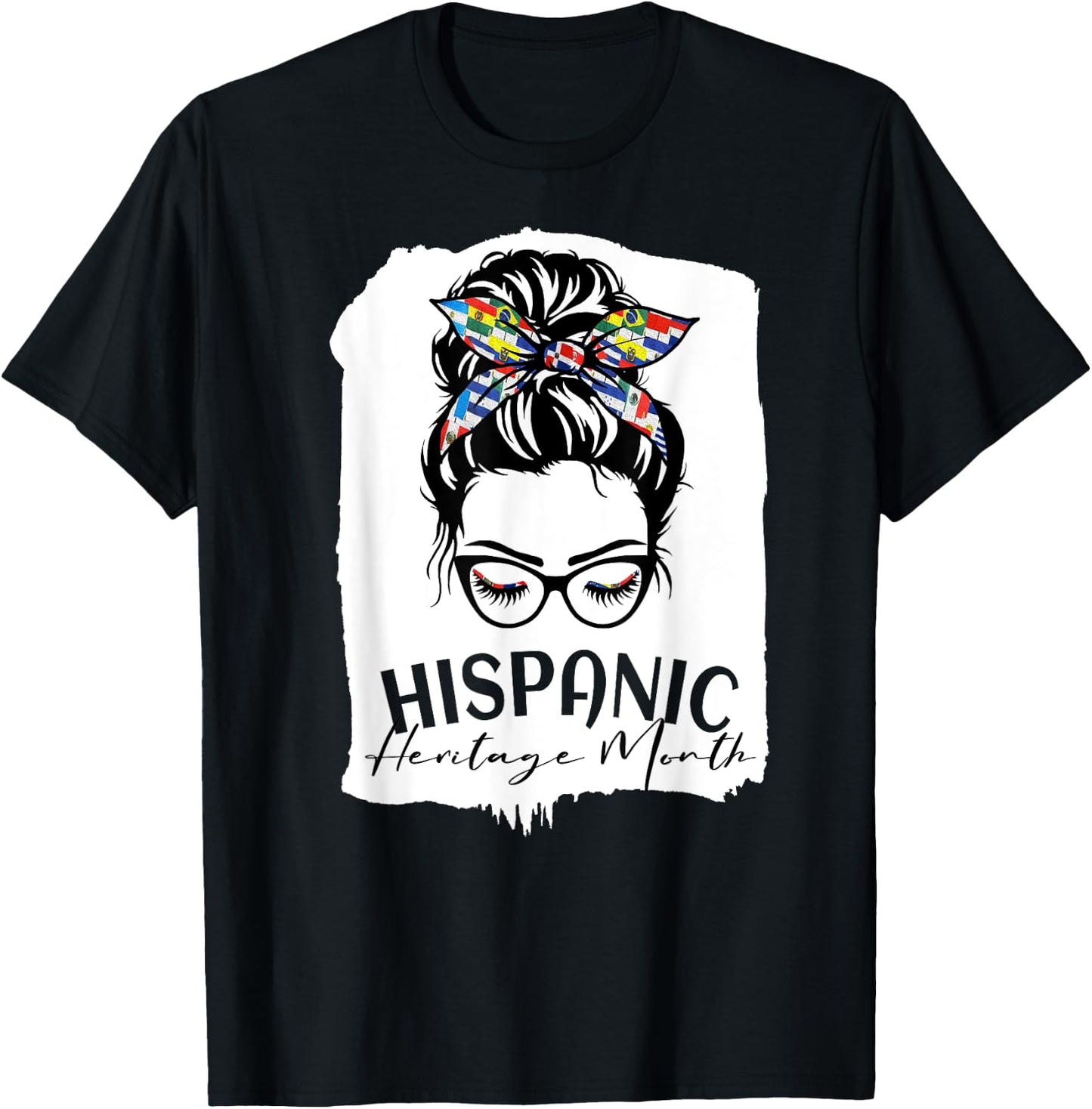 Red National Hispanic Heritage Month Latina Women Messy Bun T-Shirt - T-Shirt | Black