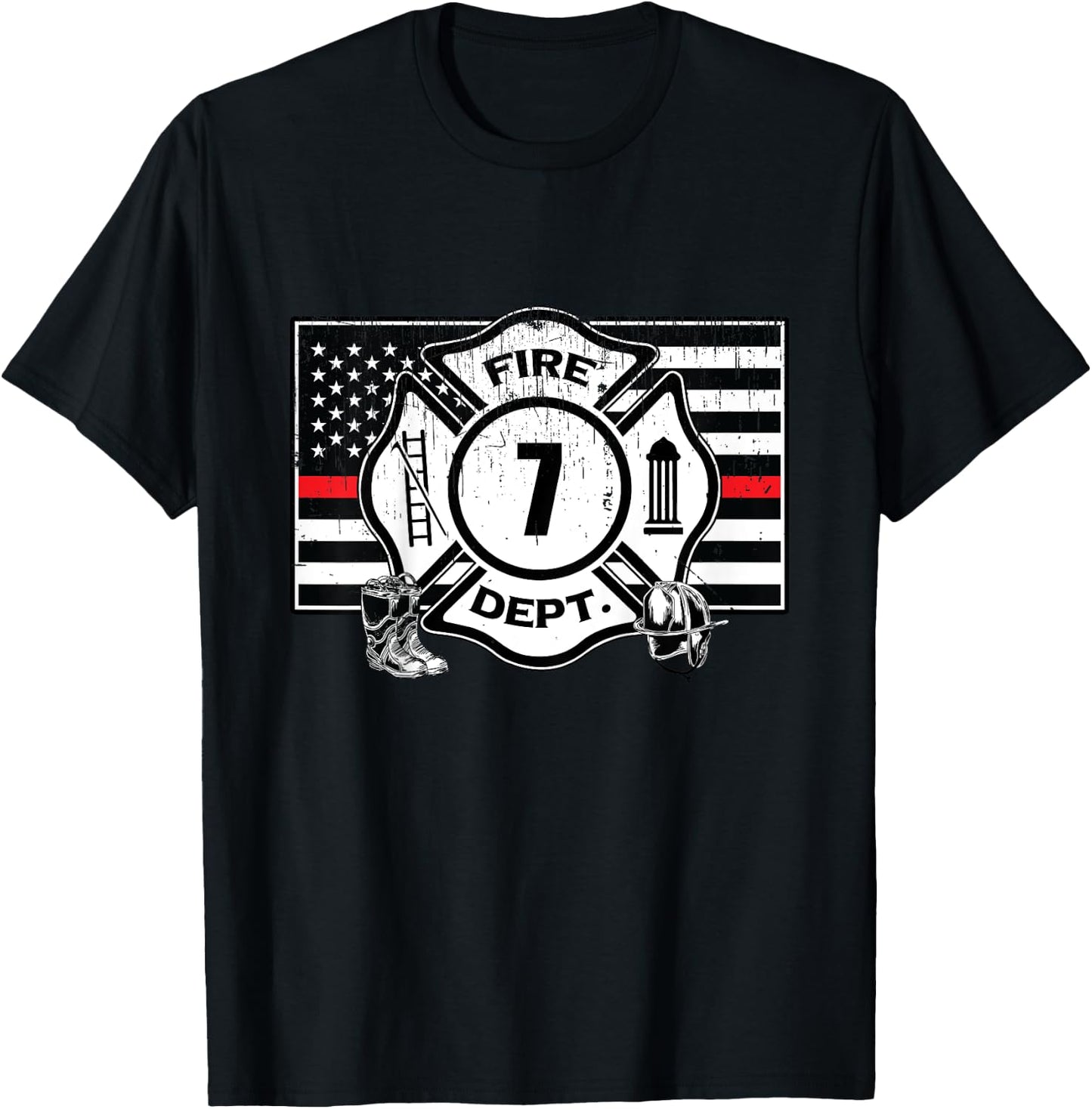 7th Birthday Firefighter Fire Truck 7 Year Old T-Shirt - T-Shirt | Black