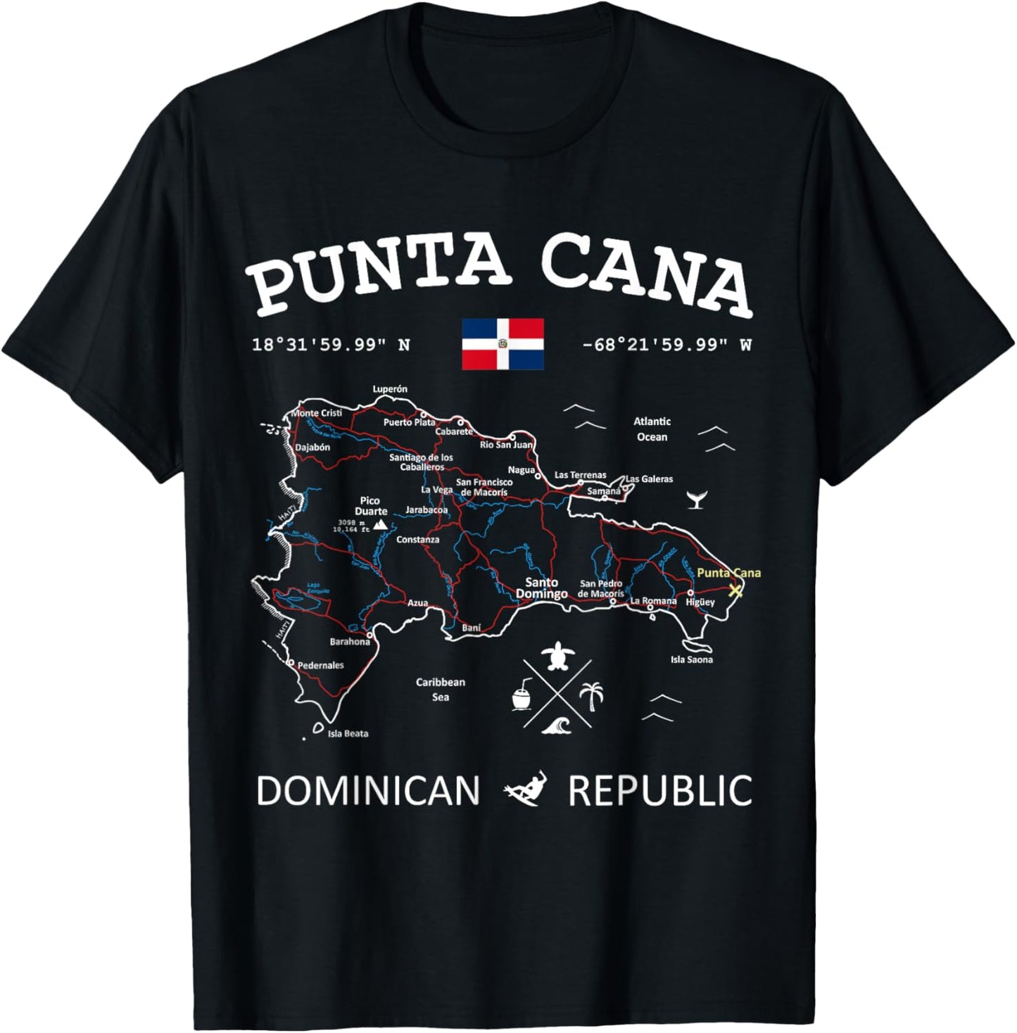 Punta Cana Dominican Republic Map Flag Travel Coordinates T-Shirt - T-Shirt | Black