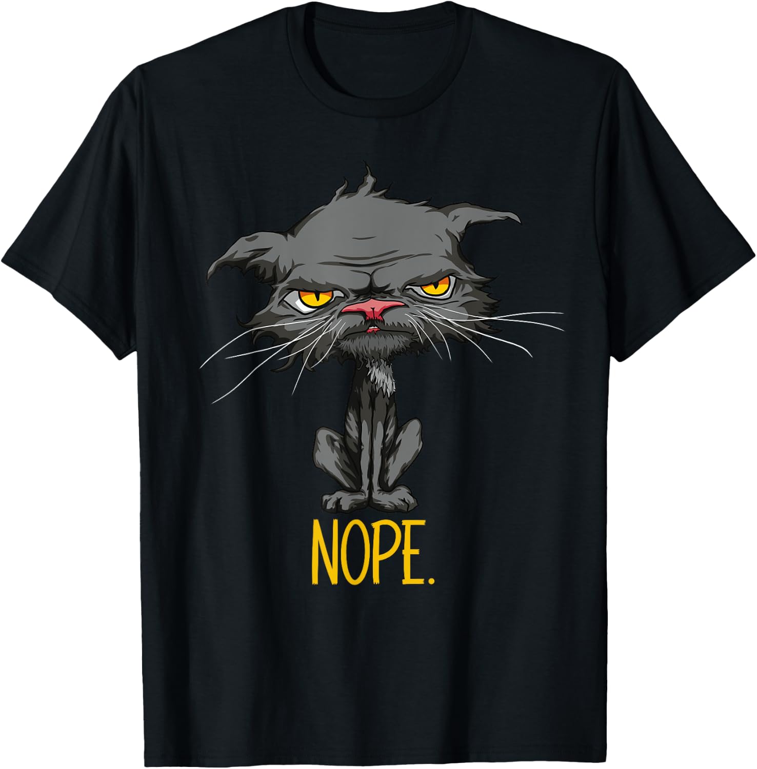 Nope Cat Funny Bored Cat Yellow Eyes Angry Grey Cat Lovers T-Shirt - T-Shirt | Black