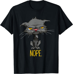 Nope Cat Funny Bored Cat Yellow Eyes Angry Grey Cat Lovers T-Shirt - T-Shirt | Black
