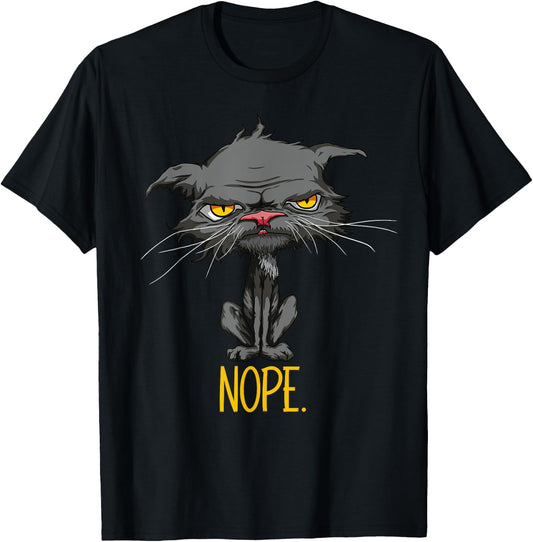 Nope Cat Funny Bored Cat Yellow Eyes Angry Grey Cat Lovers T-Shirt - T-Shirt | Black