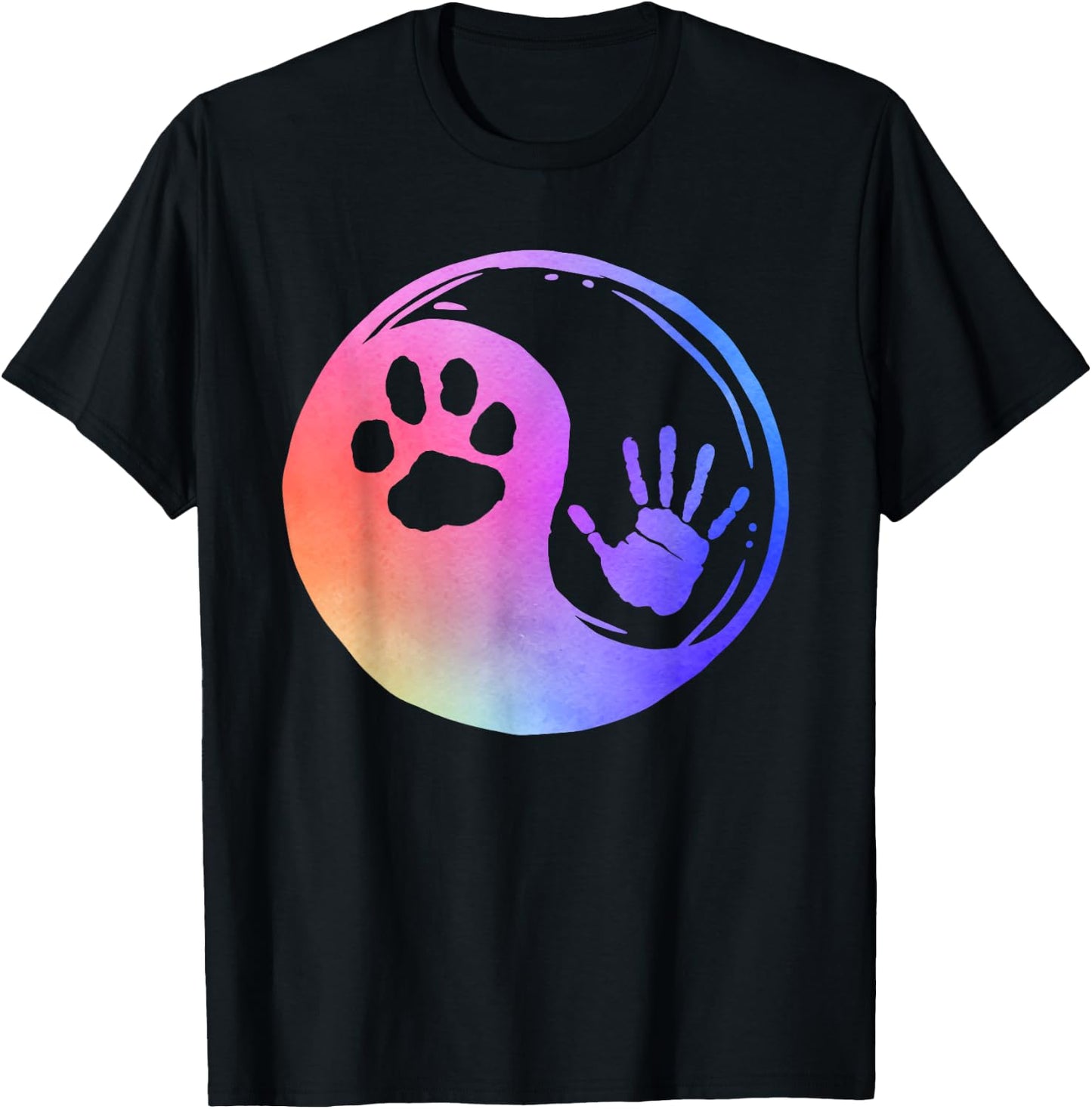 Dog Cat Paw Print Hand Yin Yang Rainbow Pawprint Hand Print T-Shirt - T-Shirt | Black