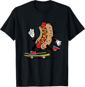 Hot Dog Bun Skateboarding Hotdog Skating Kawaii Skater Funny Women Kids T-Shirt - T-Shirt | Black