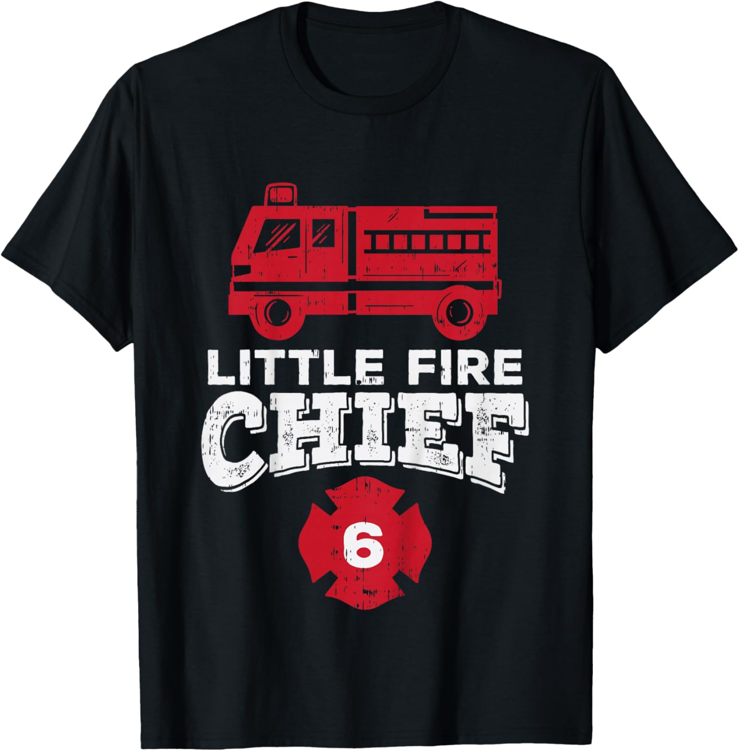 Kids Little Fire Chief 6 Truck 6th Birthday Firefighter Boys Gift T-Shirt - T-Shirt | Black