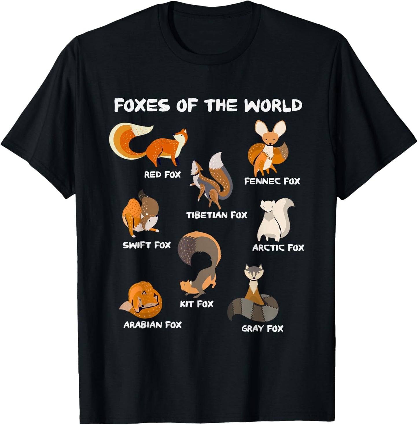 Foxes Of The World Cute Fox Breeds Animals Educational Fox T-Shirt - T-Shirt | Black