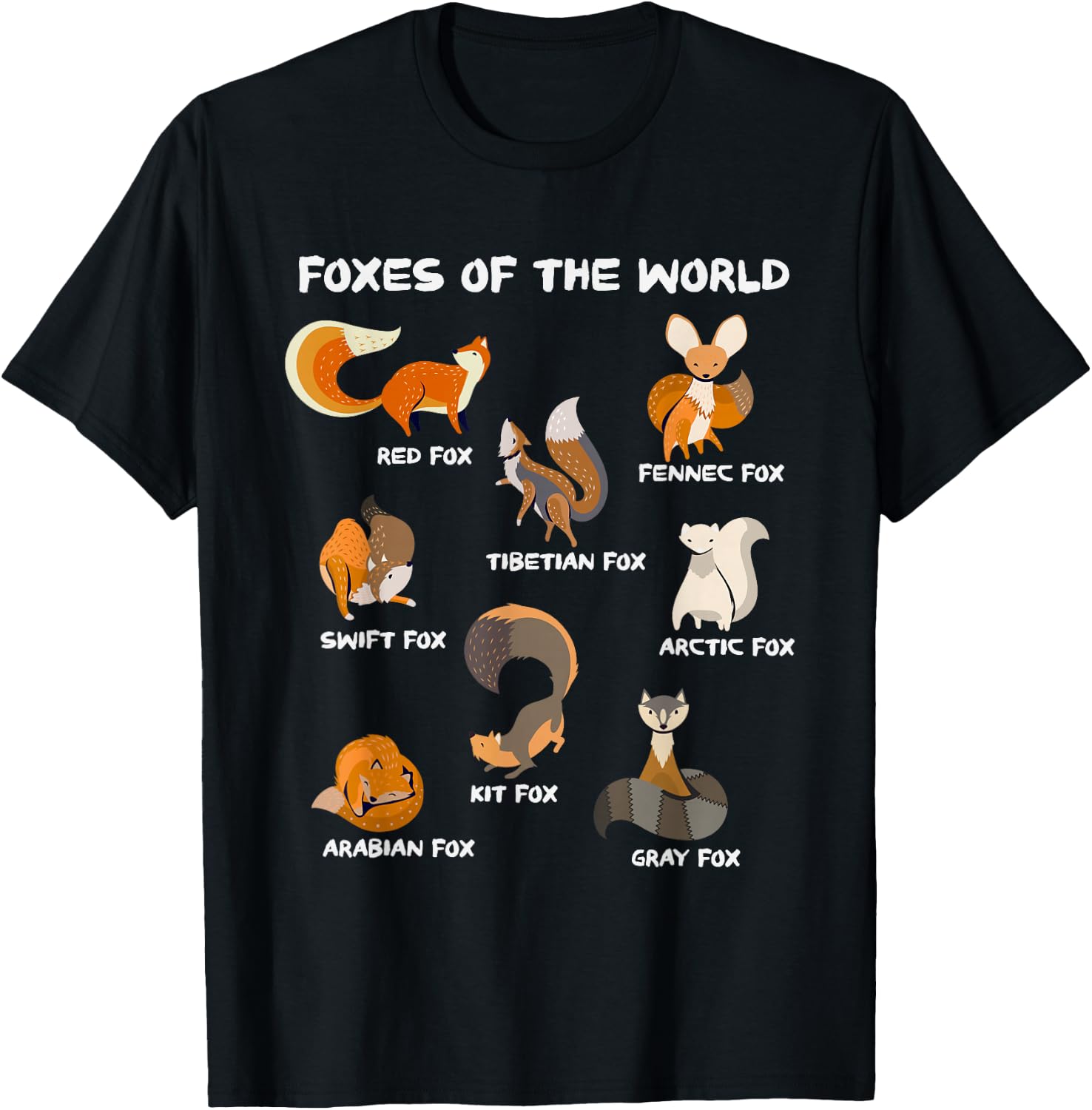 Foxes Of The World Cute Fox Breeds Animals Educational Fox T-Shirt - T-Shirt | Black