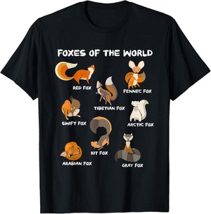 Foxes Of The World Cute Fox Breeds Animals Educational Fox T-Shirt - T-Shirt | Black