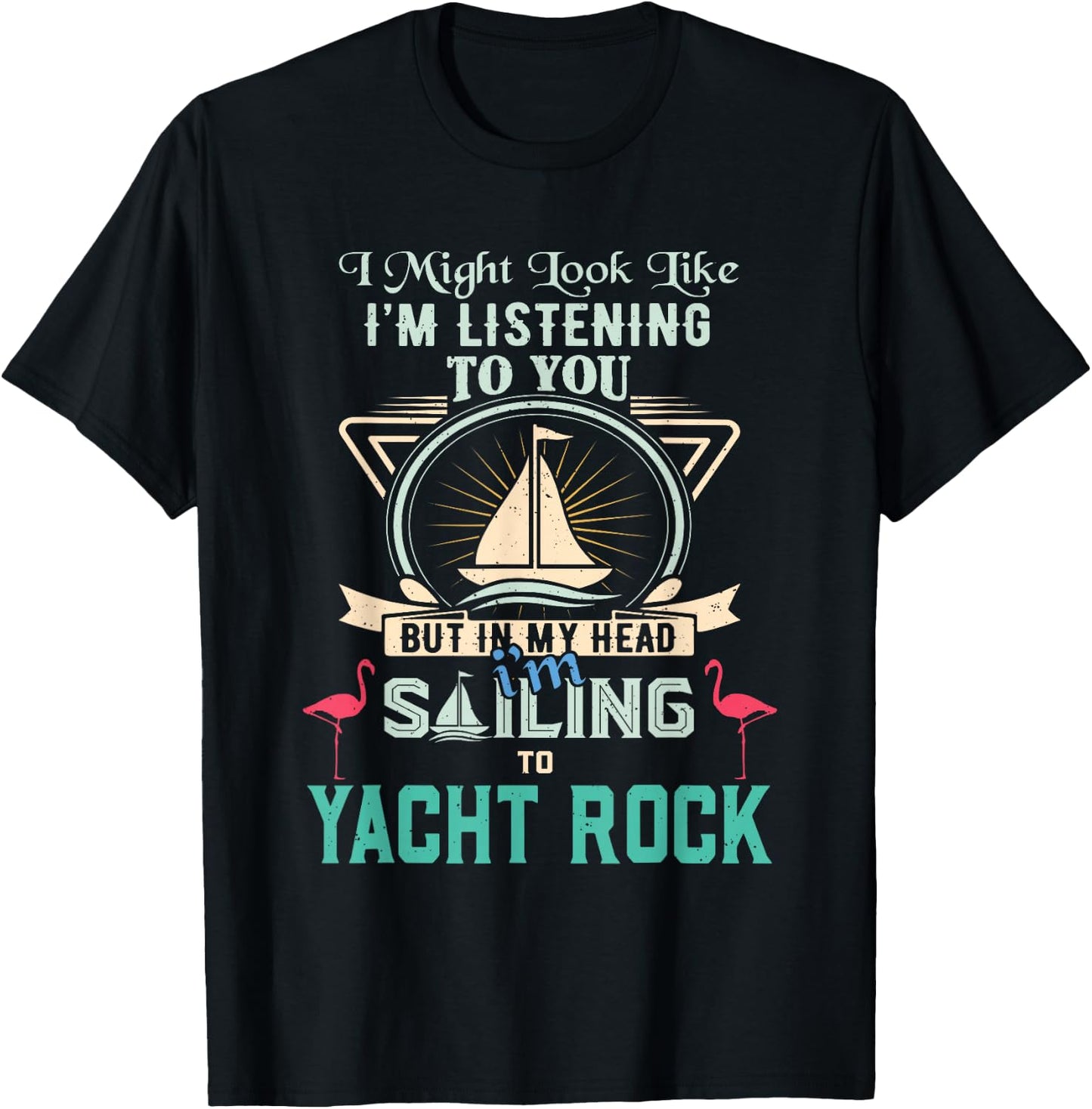Funny Retro Sailing Yacht Rock Flamingo Distressed Design T-Shirt - T-Shirt | Black