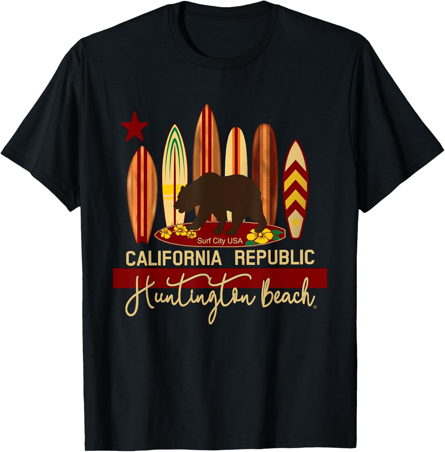 Huntington Beach California Republic Bear Surfer Keepsake T-Shirt - T-Shirt | Black