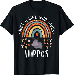 Just A Girl Who Loves Hippos Rainbow Gift Hippopotamus Lover T-Shirt - T-Shirt | Black