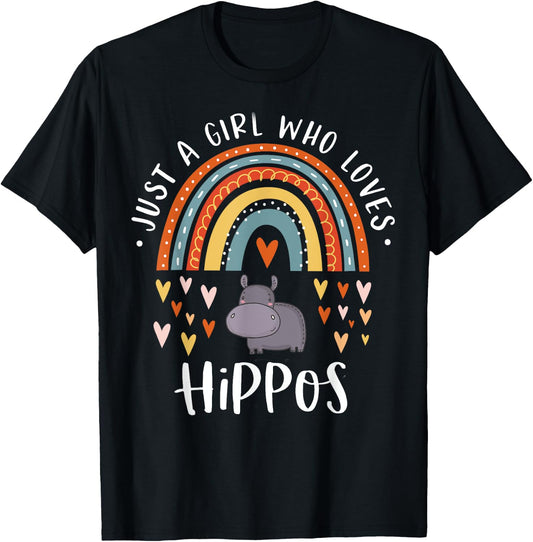 Just A Girl Who Loves Hippos Rainbow Gift Hippopotamus Lover T-Shirt - T-Shirt | Black