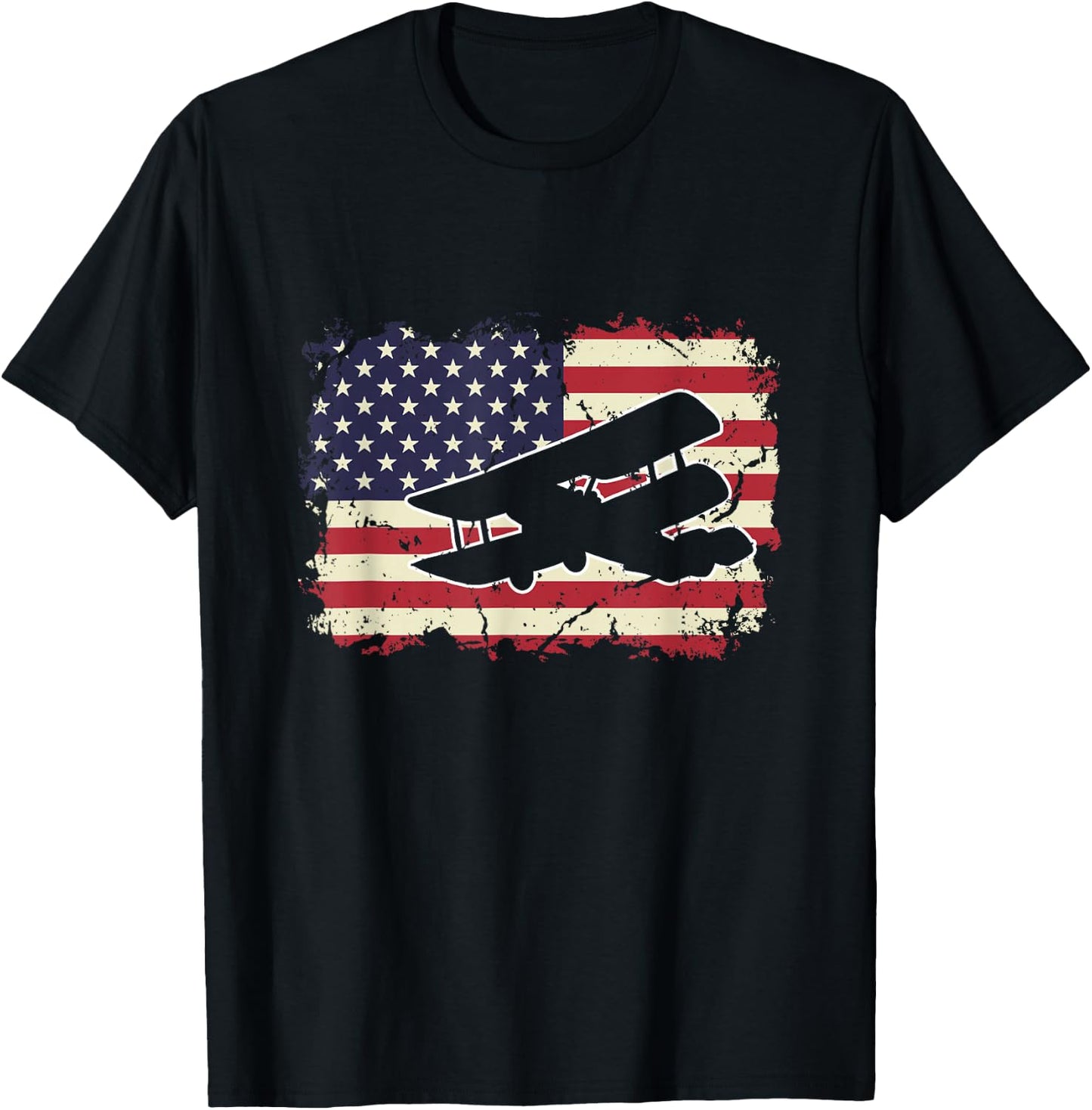Biplane US Flag Patriotic American Aircraft Airplane Pilot T-Shirt - T-Shirt | Black