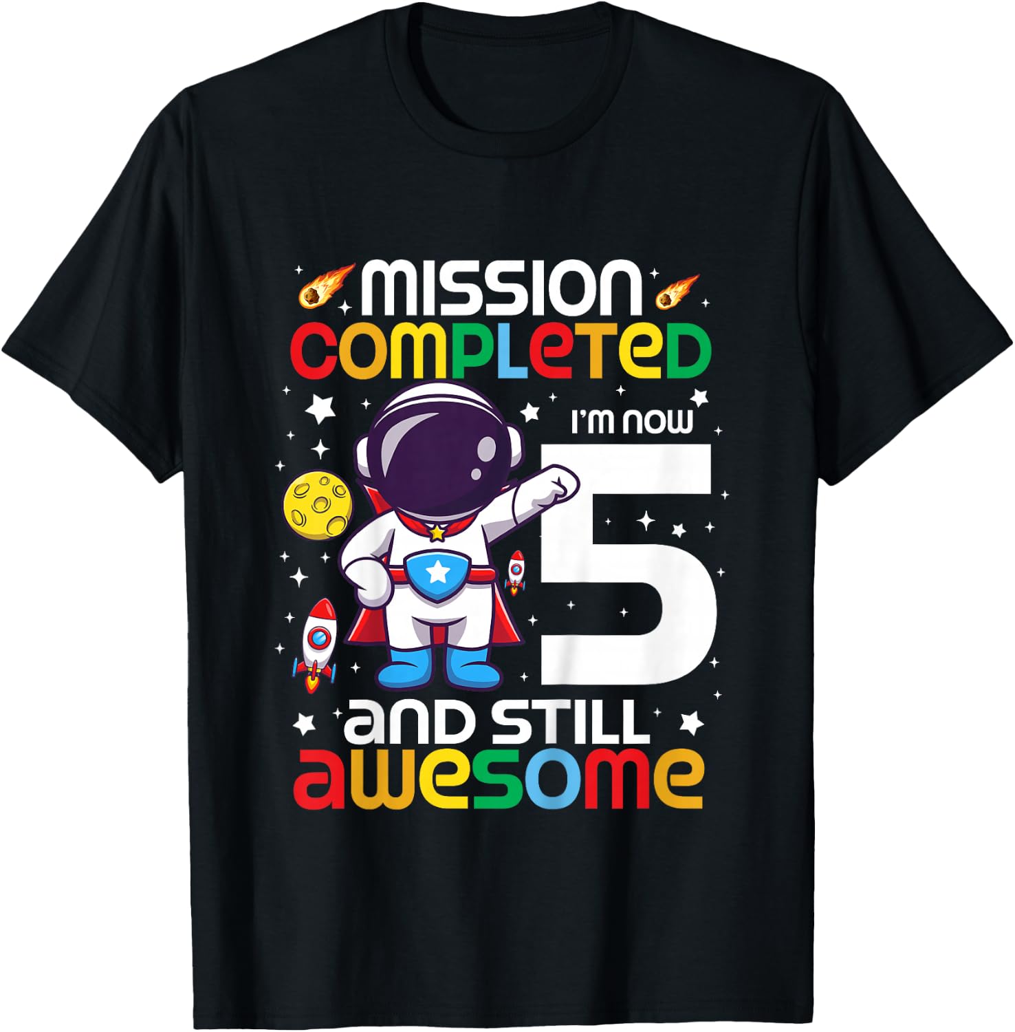 Kids 5 Year Old Boy Astronaut Space Birthday 5th Birthday Boys T-Shirt - T-Shirt | Black