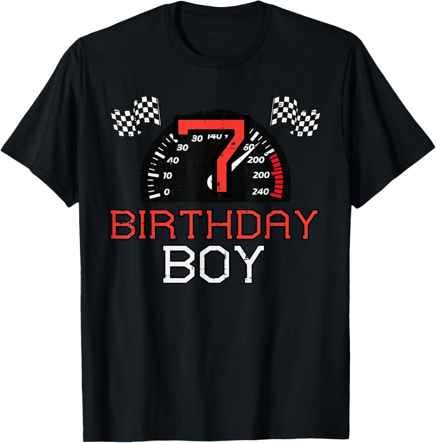 7 Birthday Boy Speedometer Race Flag 7th Bday Boys Kids T-Shirt - T-Shirt | Black