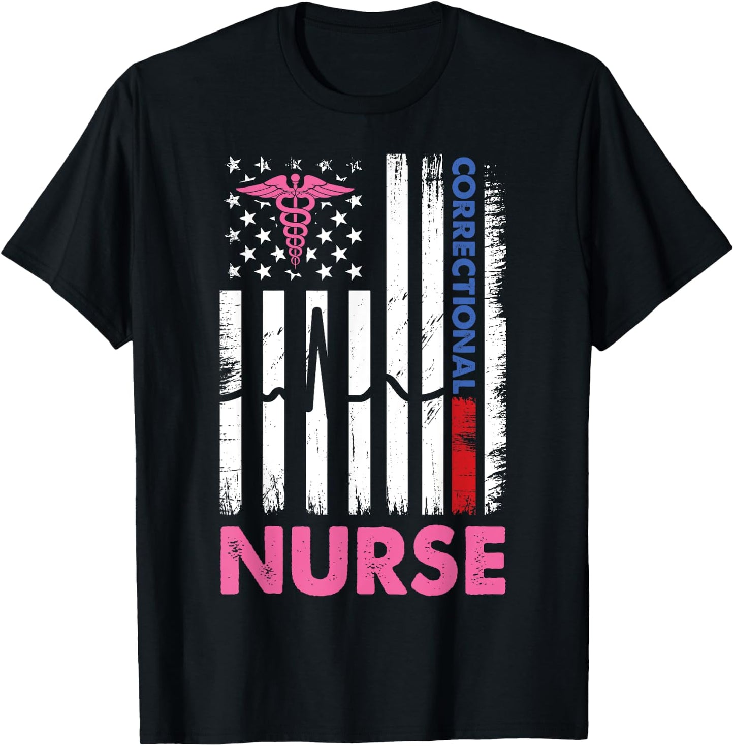 Funny Nurse Correctional American USA Flag Nurses heartbeat T-Shirt - T-Shirt | Black
