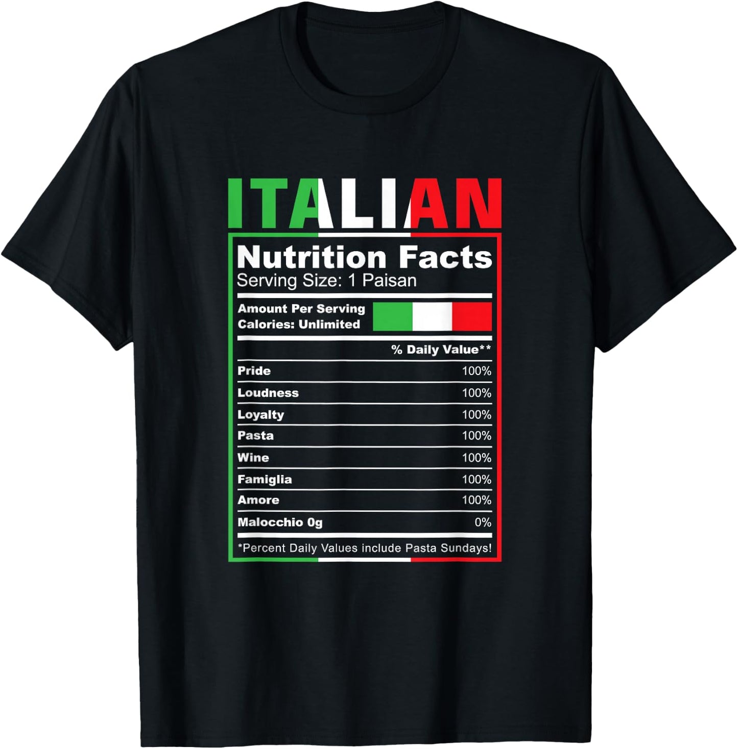 Italian Nutrition Facts Italiano Italy Pride Italian Flag T-Shirt - T-Shirt | Black