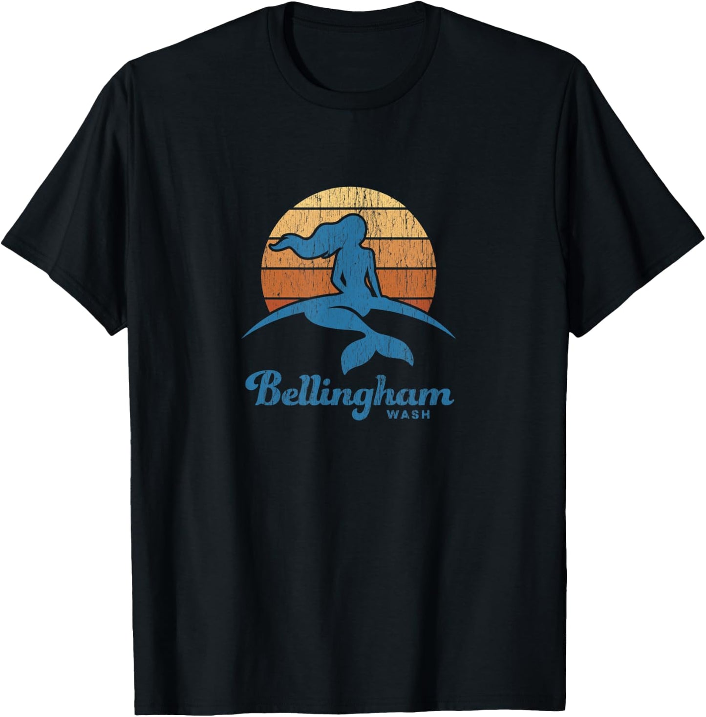 Bellingham WA Vintage Mermaid 70s Throwback Sunset T-Shirt - T-Shirt | Black