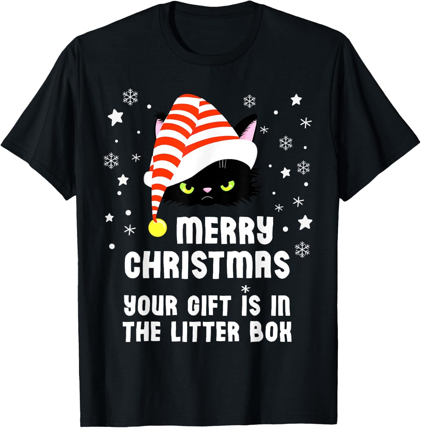 Merry Christmas Top Your Gift is in the Litter Box Cat Funny T-Shirt - T-Shirt | Black