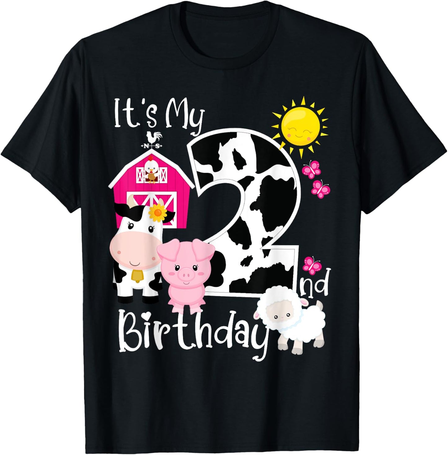 Farm Animals 2 Year Old It's My 2nd Birthday Party Bday Girl T-Shirt - T-Shirt | Black