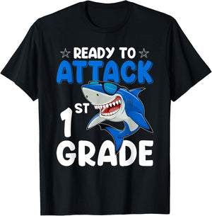 Ready To Attack 1st Grade Shark First Grade Teacher Student T-Shirt - T-Shirt | Black