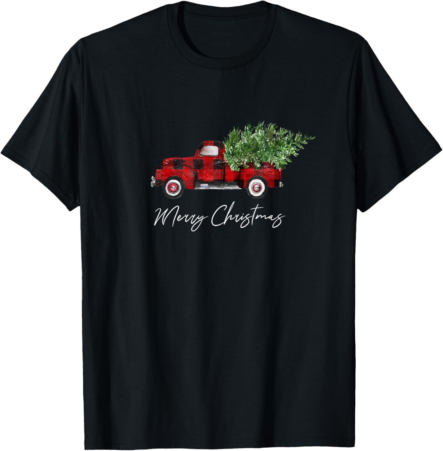 Merry Christmas Tree on Buffalo Plaid Truck T-Shirt - T-Shirt | Black