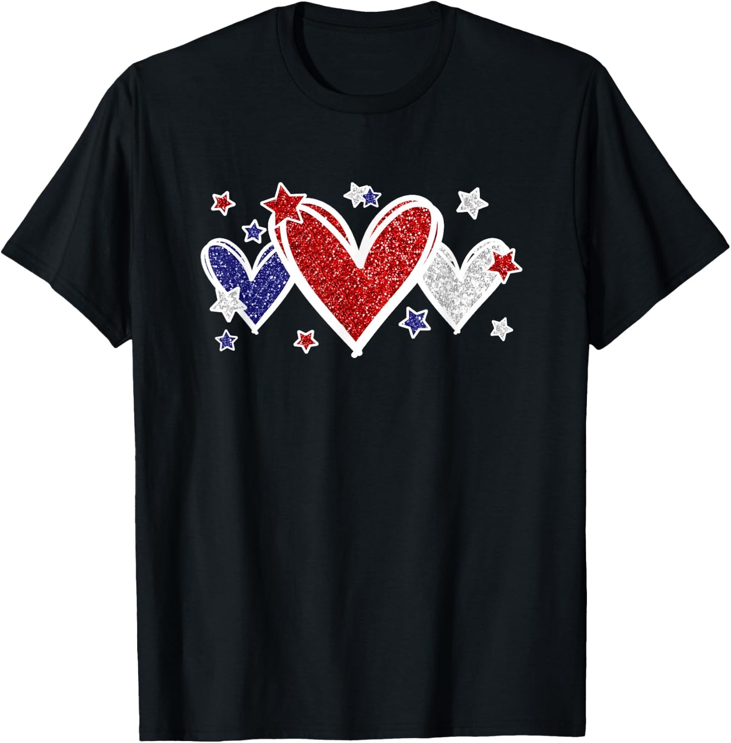 Cute Red White Blue Hearts And Stars For Patriotic Women T-Shirt - T-Shirt | Black
