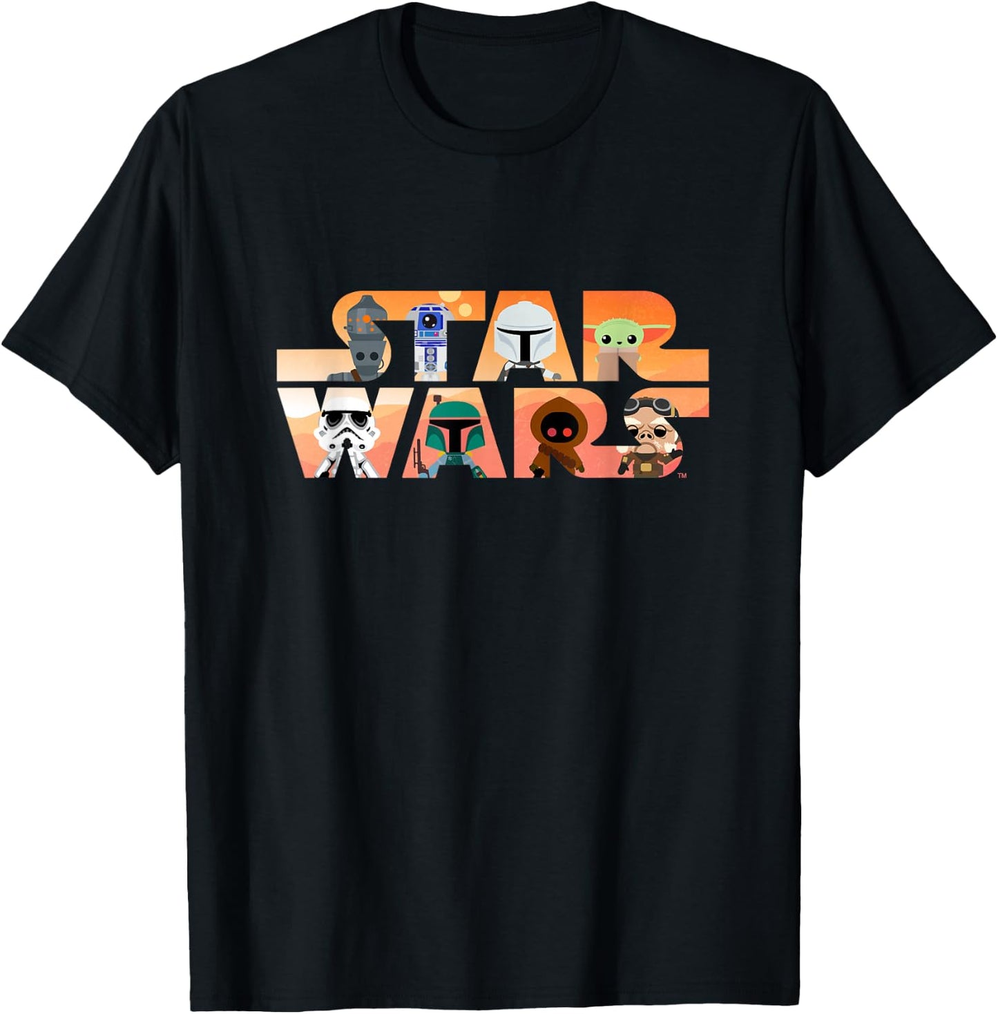Star Wars Logo The Mandalorian Kawaii Characters T-Shirt - T-Shirt | Black