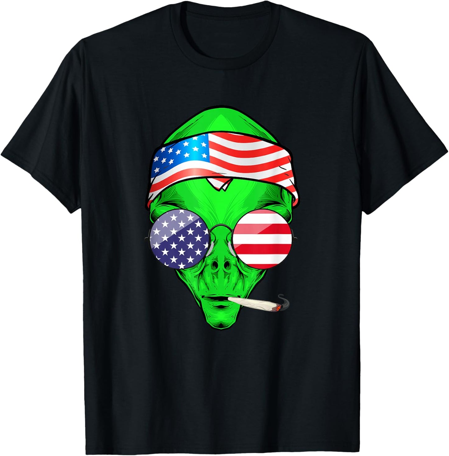 Hippie Alien American Flag 4th of July Funny Marijuana Weed T-Shirt - T-Shirt | Black