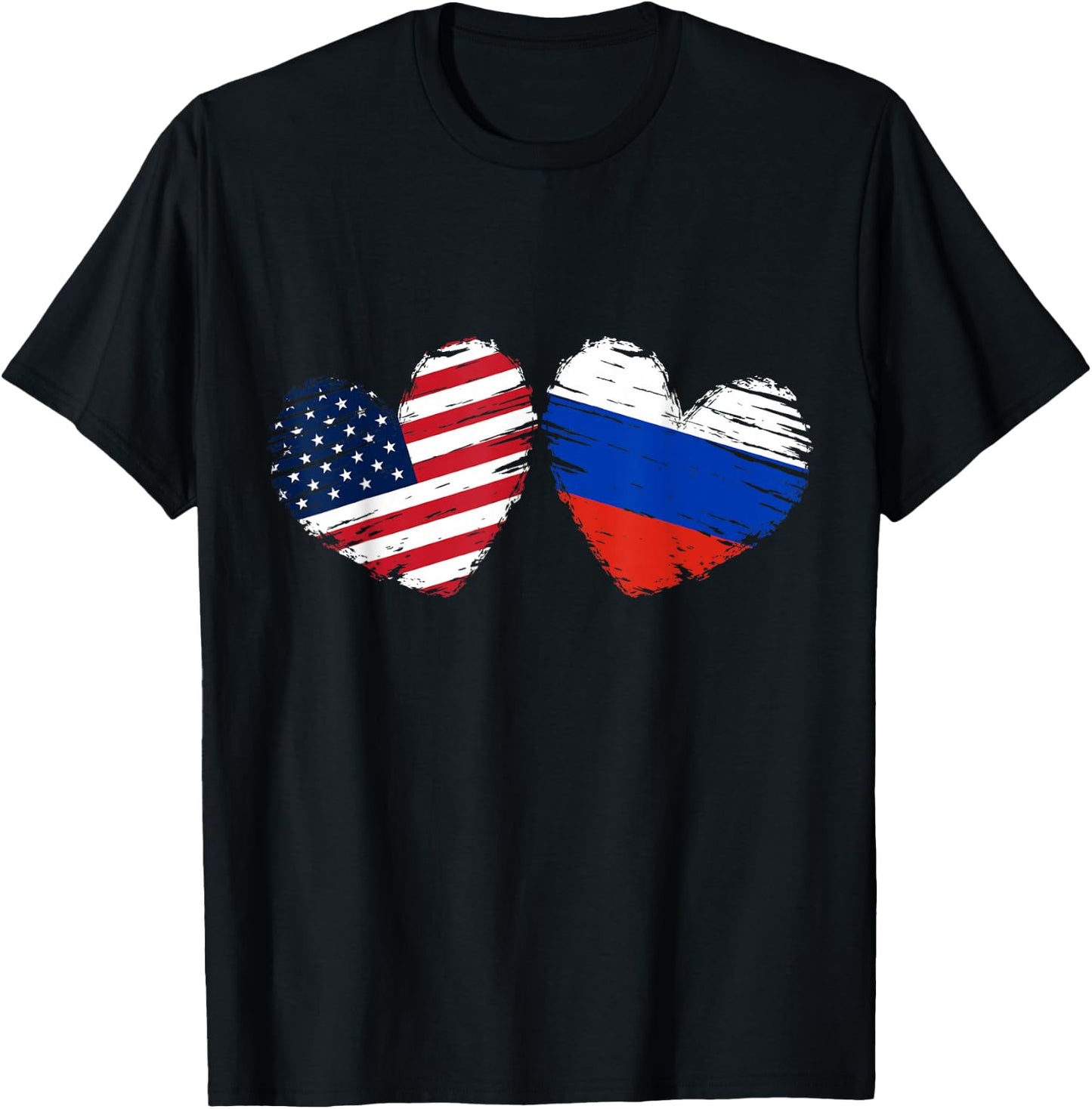 USA Russia Flag Heart Valentines Day Russian American T-Shirt - T-Shirt | Black