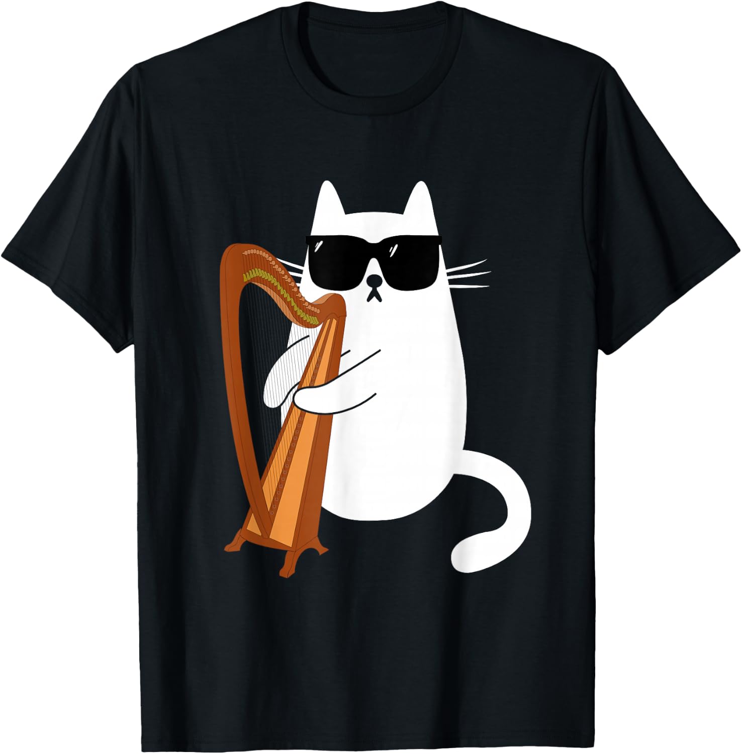 Funny Cat Wearing Sunglasses Playing Harp Harpist Musician T-Shirt - T-Shirt | Black