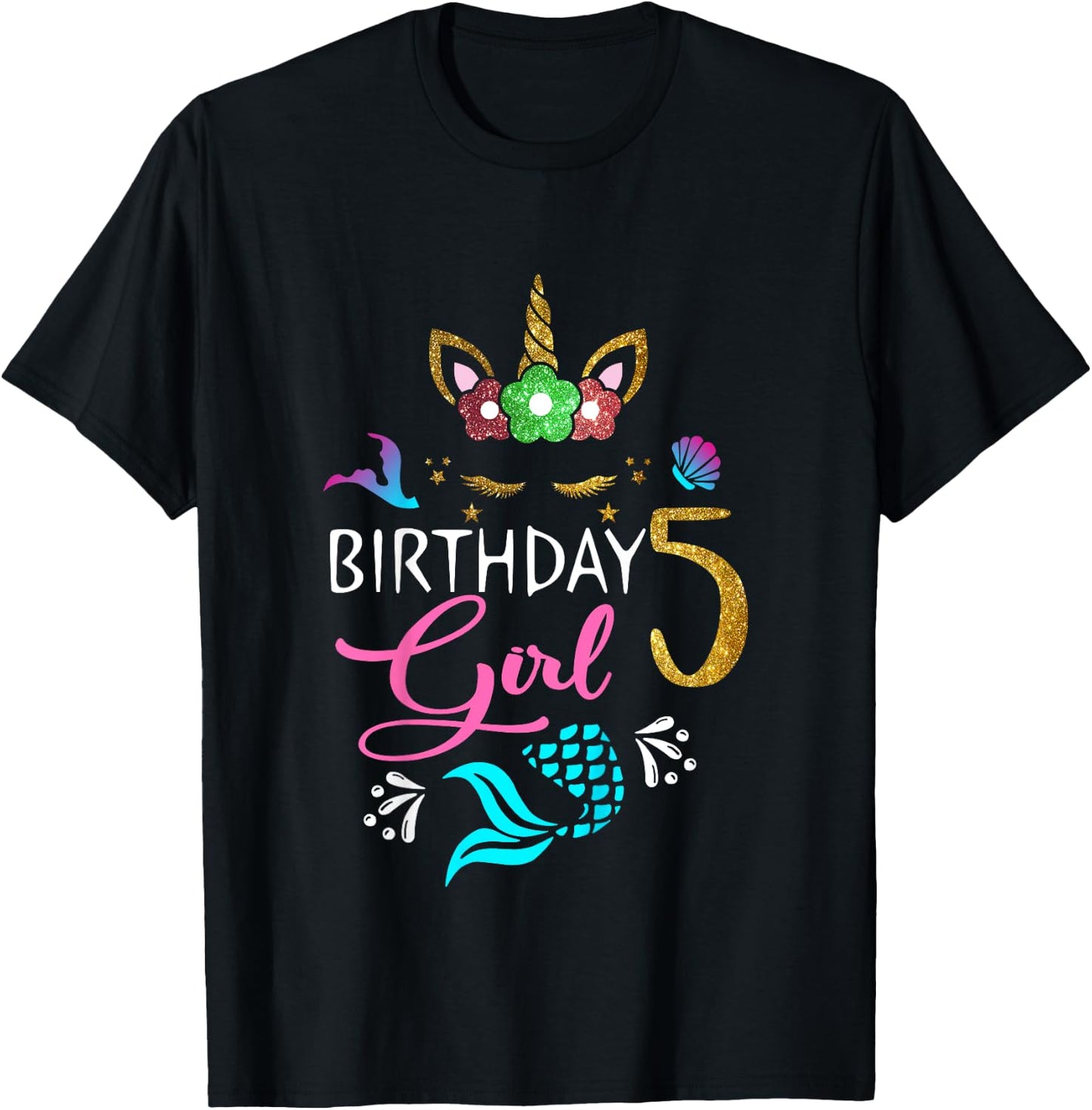 5 Years Old Unicorn Shirt Mermaid Tail 5th Birthday Girl T-Shirt - T-Shirt | Black