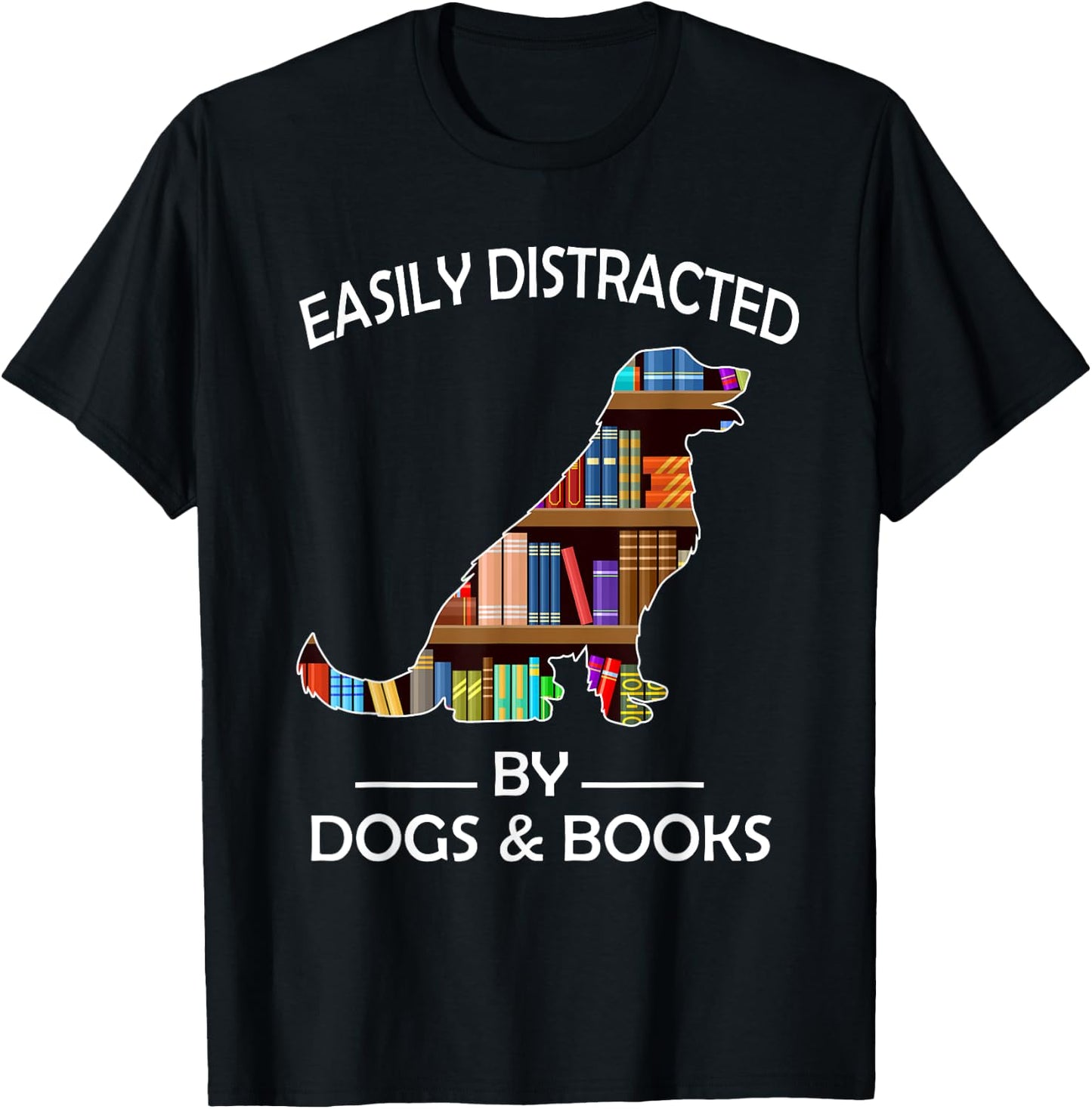 Easily Distracted By Dogs & Books Funny Golden Retriever T-Shirt - T-Shirt | Black