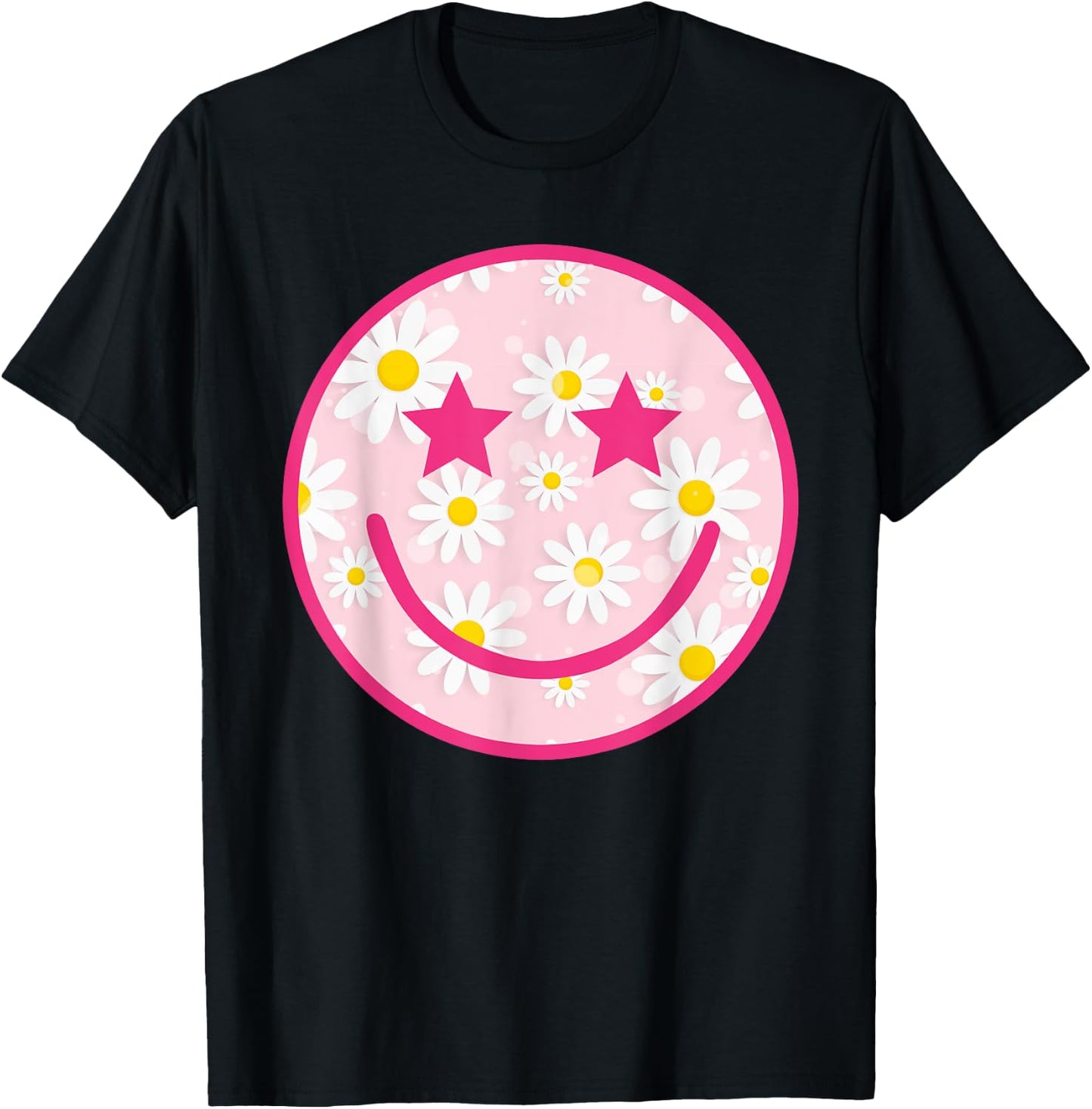 Funny Pink Happy Face Daisy Flower Smile Face Trendy T-Shirt - T-Shirt | Black