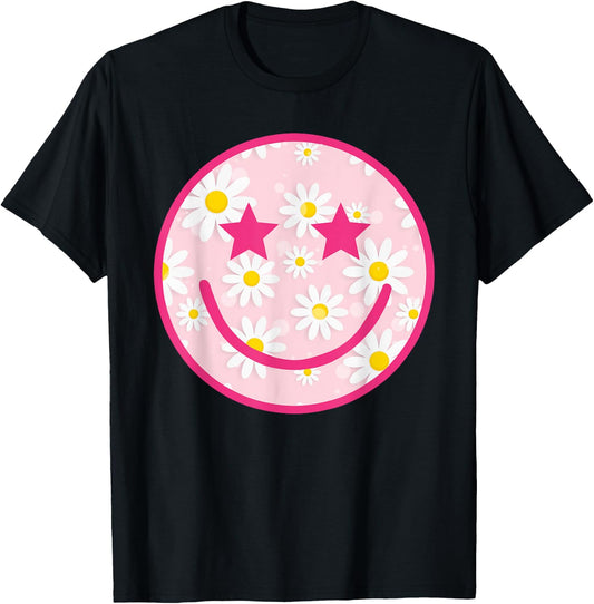 Funny Pink Happy Face Daisy Flower Smile Face Trendy T-Shirt - T-Shirt | Black