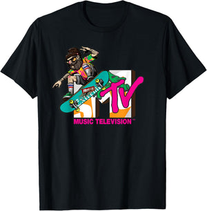 Mademark x MTV - The official MTV Logo with a hipster skater on his board T-Shirt - T-Shirt | Black