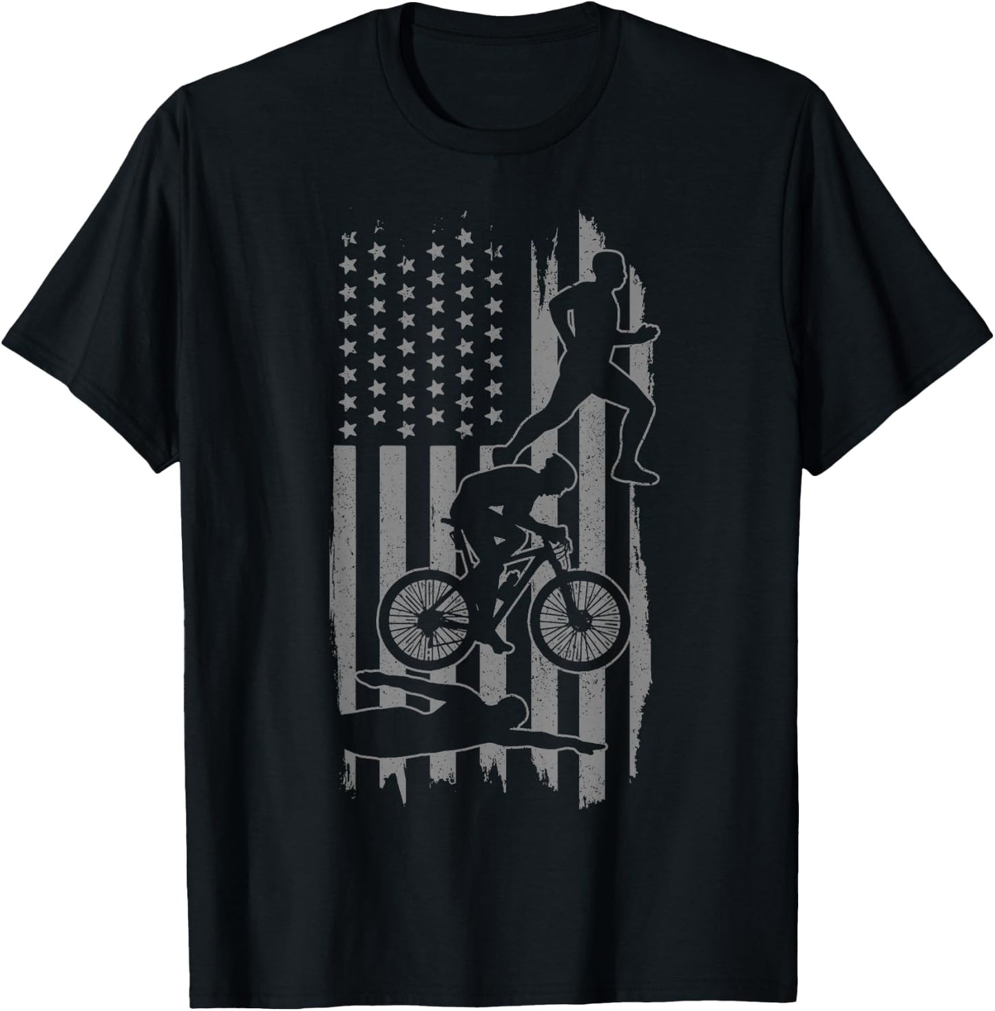 Triathlon US Flag Swim Bike Run Sport Patriotic Triathlete T-Shirt - T-Shirt | Black